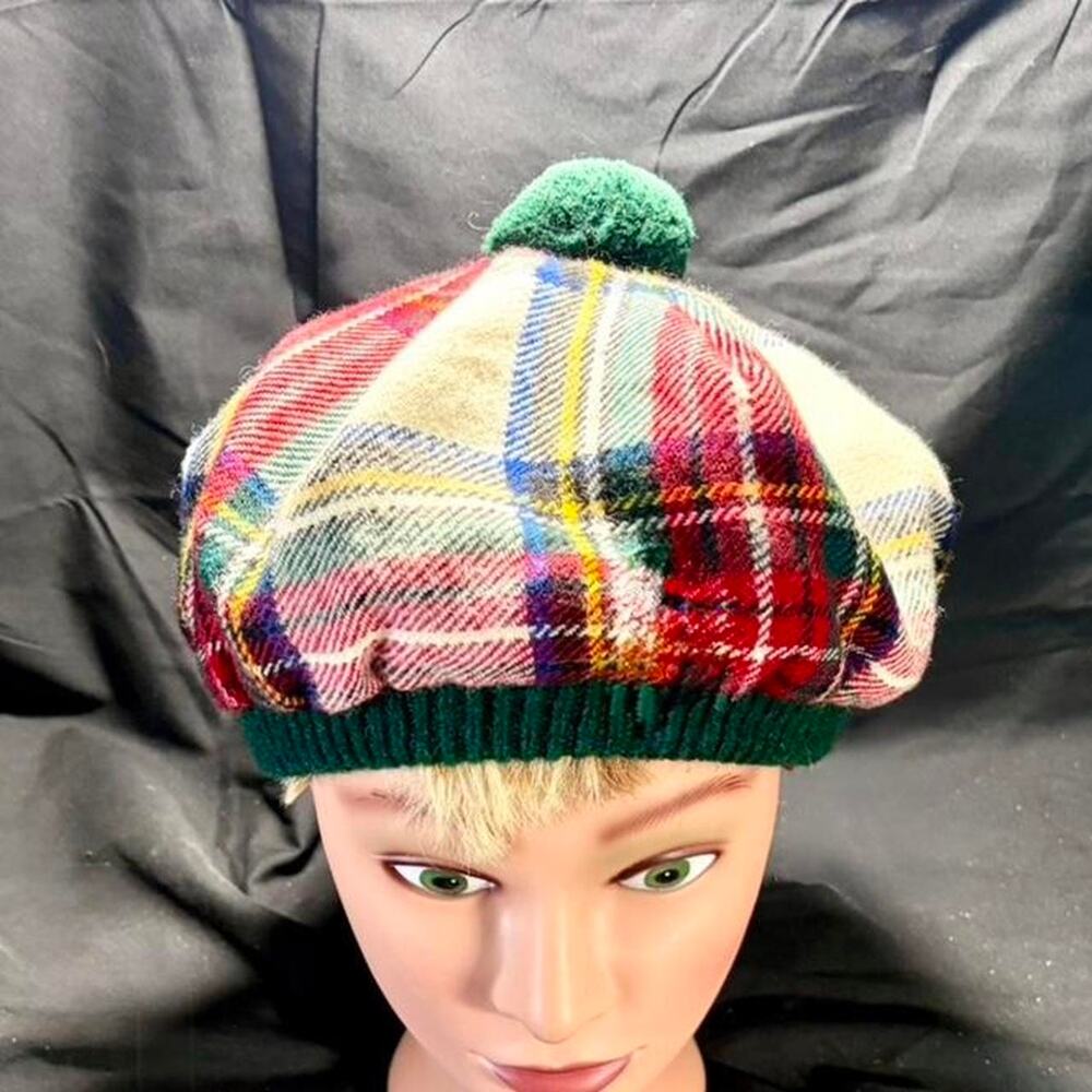 VINTAGE Scottish Lochcarron Highlander Collection Lambswool Plaid Beret Hat Cap